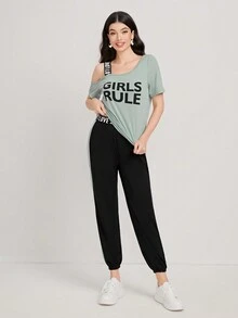 Mulvari Letter Graphic Asymmetrical Neck Tee & Joggers - Multicolor - View 5