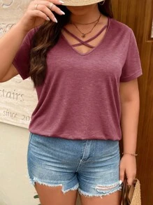 SHEIN LUNE Plus Crisscross Front Tee - Burgundy - View 1