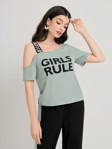 Mulvari Letter Graphic Asymmetrical Neck Tee & Joggers - Multicolor - View 6