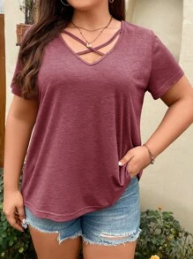 SHEIN LUNE Plus Crisscross Front Tee - Burgundy - View 5