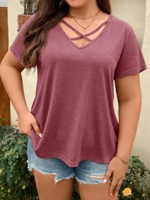 SHEIN LUNE Plus Crisscross Front Tee - Burgundy - View 6
