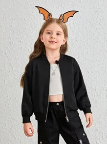 SHEIN Young Girl Cartoon Graphic Bomber Jacket Without Cami Top,In Fall/Winter