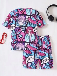 女孩波普藝術圖案T恤和短褲緊身睡衣套裝 - 彩色 - 查看 2
