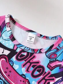 女孩波普藝術圖案T恤和短褲緊身睡衣套裝 - 彩色 - 查看 3