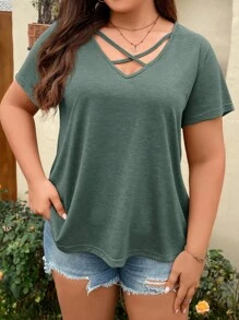 SHEIN LUNE 大碼前交叉T恤 - 綠色 - 查看 4