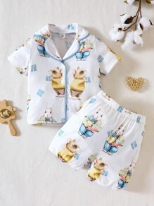 SHEIN 男嬰卡通圖案拼接滾邊睡衣套裝 - 白色 - 查看 1