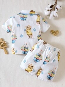 SHEIN 男嬰卡通圖案拼接滾邊睡衣套裝 - 白色 - 查看 2