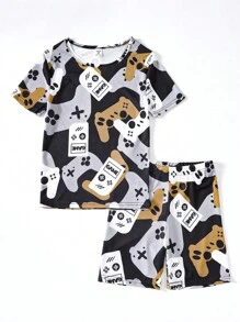 Boys Cartoon Graphic Tee & Shorts Snug Fit PJ Set - Khaki - View 1