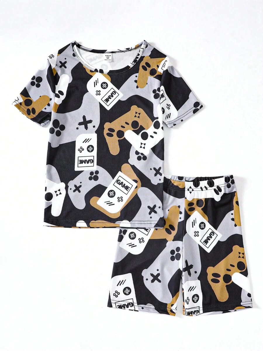 Boys Cartoon Graphic Tee & Shorts Snug Fit PJ Set - Khaki - View 1