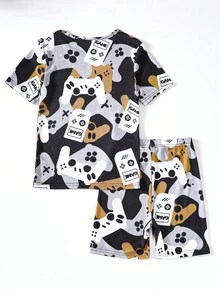 Boys Cartoon Graphic Tee & Shorts Snug Fit PJ Set - Khaki - View 2