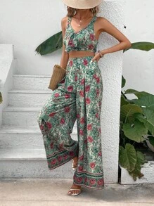 SHEIN VCAY Bộ đồ hai mảnh nữ Dải chun Hoa Tất cả trên in Boho - Nhiều màu - Xem 4