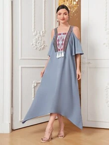 Mulvari 挖肩流蘇邊不對稱下擺連衣裙 - 霧霾藍 - 查看 1