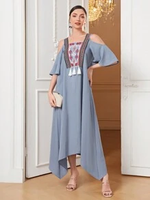 Mulvari 挖肩流蘇邊不對稱下擺連衣裙 - 霧霾藍 - 查看 3