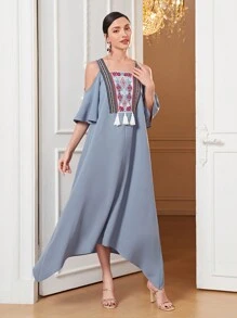 Mulvari 挖肩流蘇邊不對稱下擺連衣裙 - 霧霾藍 - 查看 4