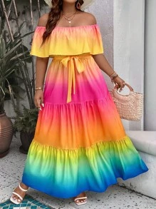 SHEIN LUNE Regular Plus Ombre Off Shoulder Ruffle Hem Belted Dress Maxi Women Outfit - Multicolor - View 6