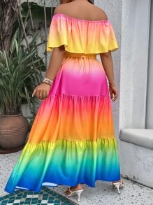 SHEIN LUNE Regular Plus Ombre Off Shoulder Ruffle Hem Belted Dress Maxi Women Outfit - Multicolor - View 2