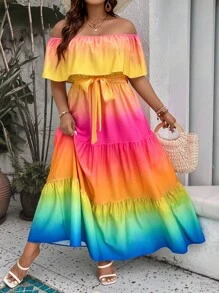 SHEIN LUNE Regular Plus Ombre Off Shoulder Ruffle Hem Belted Dress Maxi Women Outfit - Multicolor - View 3