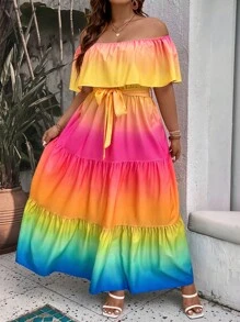 SHEIN LUNE Regular Plus Ombre Off Shoulder Ruffle Hem Belted Dress Maxi Women Outfit - Multicolor - View 4