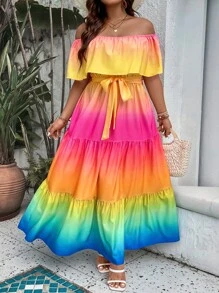 SHEIN LUNE Regular Plus Ombre Off Shoulder Ruffle Hem Belted Dress Maxi Women Outfit - Multicolor - View 5