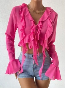 SHEIN Privé 荷葉邊喇叭袖前打結短款襯衫 - 玫紅色 - 查看 1