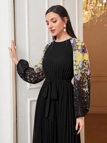 Modelyn Floral Print Raglan Sleeve Pleated Hem Belted Dress, Modest - Black - View 5