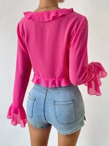 SHEIN Privé 荷葉邊喇叭袖前打結短款襯衫 - 玫紅色 - 查看 2