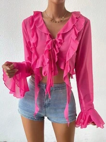 SHEIN Privé 荷葉邊喇叭袖前打結短款襯衫 - 玫紅色 - 查看 4