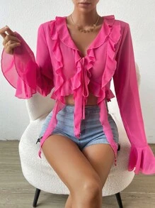 SHEIN Privé 荷葉邊喇叭袖前打結短款襯衫 - 玫紅色 - 查看 7