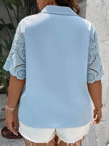 SHEIN Unity Áo sơ mi Plus Size Tương phản ren Nút phía trước màu trơn Thanh lịch - Màu xanh lam - Xem 2