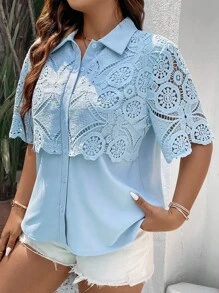 SHEIN Unity Áo sơ mi Plus Size Tương phản ren Nút phía trước màu trơn Thanh lịch - Màu xanh lam - Xem 3