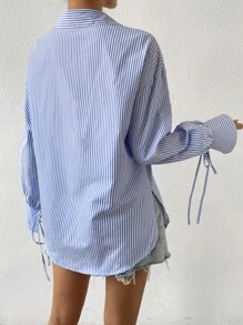 Chiquease 條紋印花打結袖口落肩袖襯衫 - 藍白色 - 查看 4