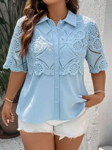 SHEIN Unity Áo sơ mi Plus Size Tương phản ren Nút phía trước màu trơn Thanh lịch - Màu xanh lam - Xem 4