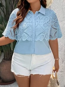 SHEIN Unity Áo sơ mi Plus Size Tương phản ren Nút phía trước màu trơn Thanh lịch - Màu xanh lam - Xem 6