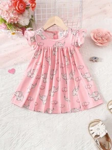 SHEIN 嬰兒女孩大象與心形印花荷葉邊舖子裙裝 - 淺粉色 - 查看 1