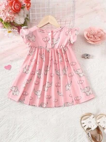 SHEIN 嬰兒女孩大象與心形印花荷葉邊舖子裙裝 - 淺粉色 - 查看 2