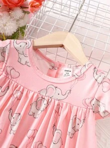 SHEIN 嬰兒女孩大象與心形印花荷葉邊舖子裙裝 - 淺粉色 - 查看 3
