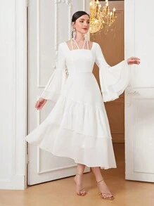 Modelyn 後綁帶荷葉袖荷葉邊雪紡連衣裙 - 白色 - 查看 1