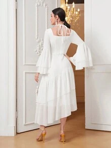 Modelyn 後綁帶荷葉袖荷葉邊雪紡連衣裙 - 白色 - 查看 2