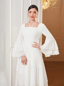 Modelyn 後綁帶荷葉袖荷葉邊雪紡連衣裙 - 白色 - 查看 3