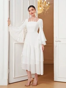 Modelyn 後綁帶荷葉袖荷葉邊雪紡連衣裙 - 白色 - 查看 4