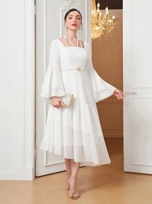 Modelyn 後綁帶荷葉袖荷葉邊雪紡連衣裙 - 白色 - 查看 5