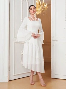 Modelyn 後綁帶荷葉袖荷葉邊雪紡連衣裙 - 白色 - 查看 6