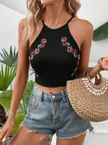 SHEIN VCAY Áo khoác và áo lót dành cho xe tăng nữ Thêu Hoa Boho - màu đen - Xem 5