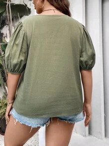 SHEIN LUNE Áo sơ mi Plus Size Nút phía trước màu trơn Giải trí - xanh quân đội - Xem 2