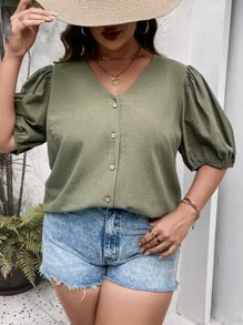 SHEIN LUNE Áo sơ mi Plus Size Nút phía trước màu trơn Giải trí - xanh quân đội - Xem 3