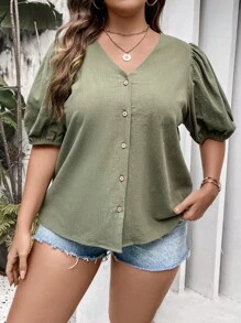 SHEIN LUNE Áo sơ mi Plus Size Nút phía trước màu trơn Giải trí - xanh quân đội - Xem 5