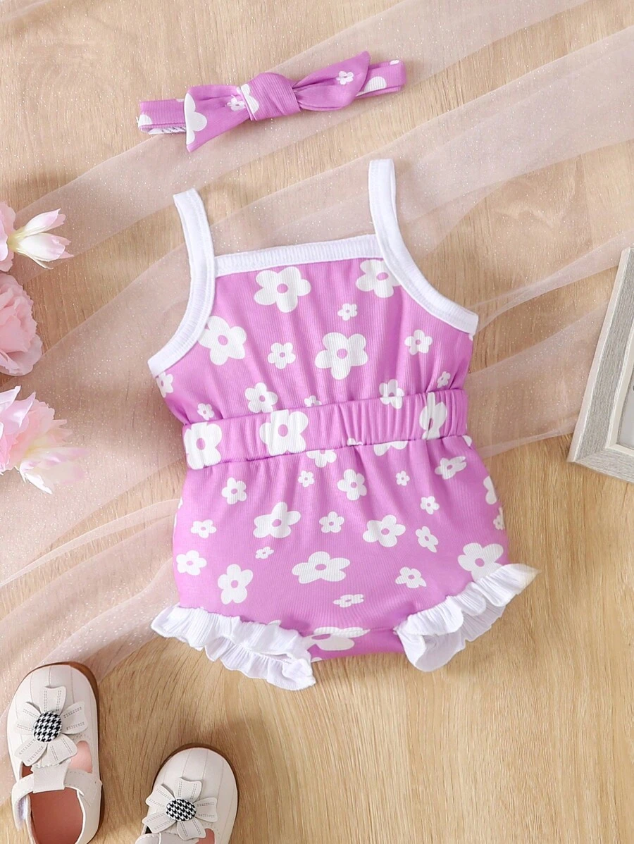 SHEIN Baby Girl Floral Print Ruffle Trim Cami Romper - Lilac Purple - View 1