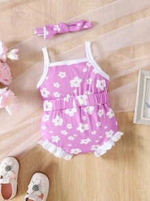 SHEIN Baby Girl Floral Print Ruffle Trim Cami Romper - Lilac Purple - View 2