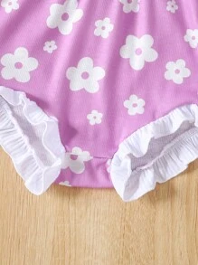 SHEIN Baby Girl Floral Print Ruffle Trim Cami Romper - Lilac Purple - View 6