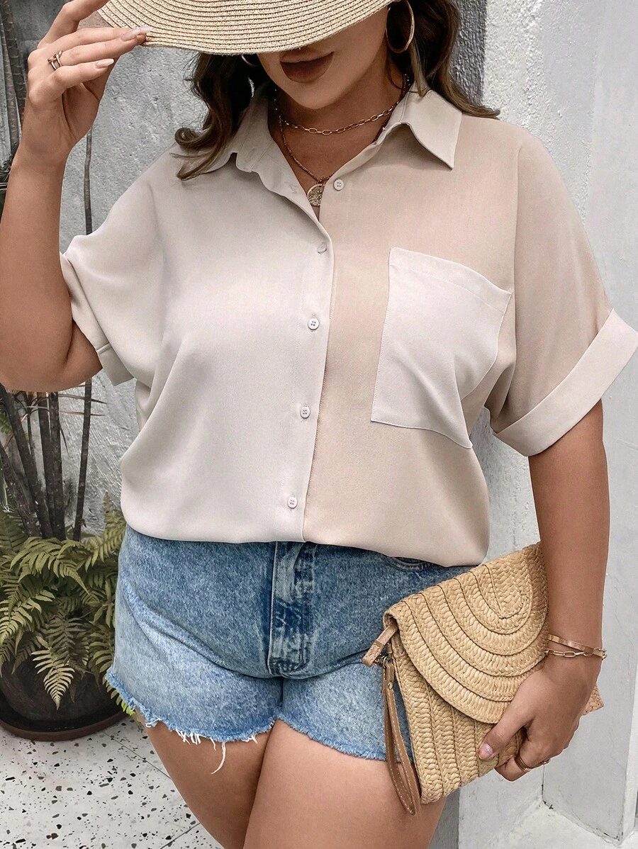 SHEIN Unity 大碼補丁貼口袋蝙蝠袖襯衫 - 卡其色 - 查看 1